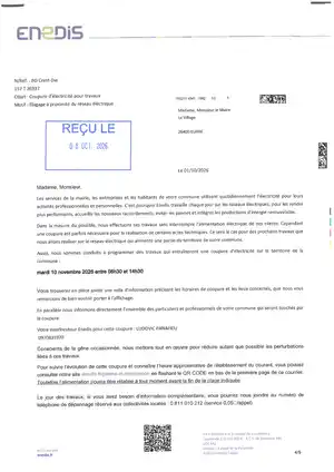 <h3><em>Coupure d’électricité pour travaux le 10 novembre 2026 de 8h30 à 14h30 </em></h3>