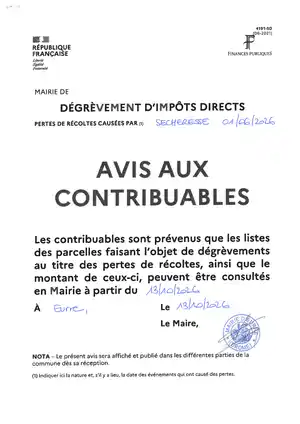 <p>Liste des parcelles ayant fait l'objet d'un dégrèvement concernant la sécheresse de cet été disponible en mairie.</p>