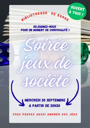 <h2>Soirée Jeux</h2><h2> salle sous la mairie</h2><h2>Mercredi 30 septembre 2026 à partir de 20 h 30 </h2>
